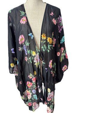 Johnny Was Floral Sheer Black Kimono Cardigan With Tassel Tie Closure Lightweigh